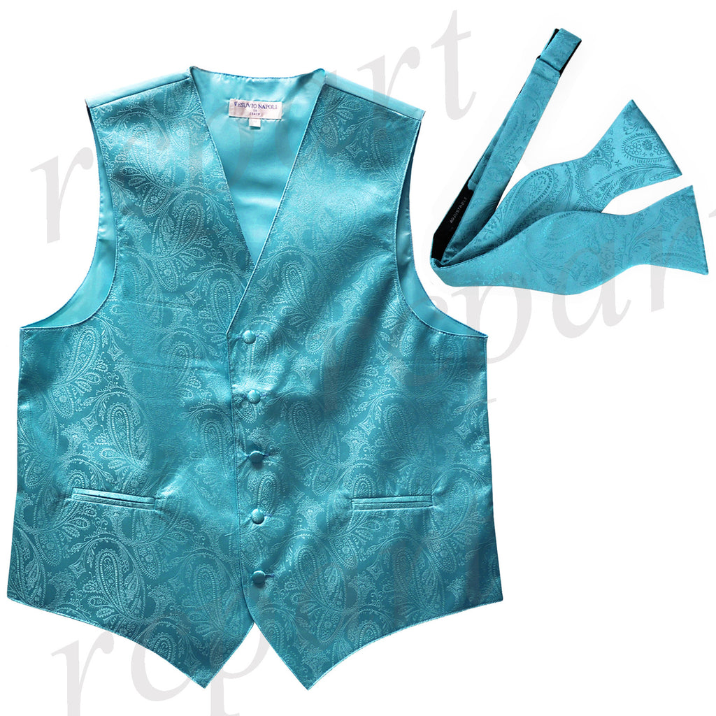 Men's paisley Tuxedo VEST Waistcoat_self tie bowtie turquoise