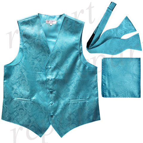 Men's paisley Tuxedo VEST Waistcoat_self tie bowtie & hankie set turquoise