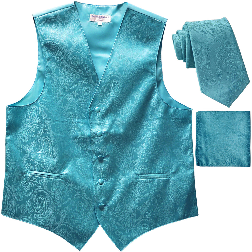 New Men's Formal Vest Tuxedo Waistcoat_2.5" necktie set paisley prom turquoise