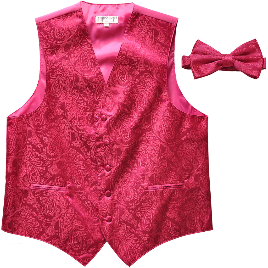 New Men's Formal Vest Tuxedo Waistcoat_bowtie paisley pattern wedding hot pink
