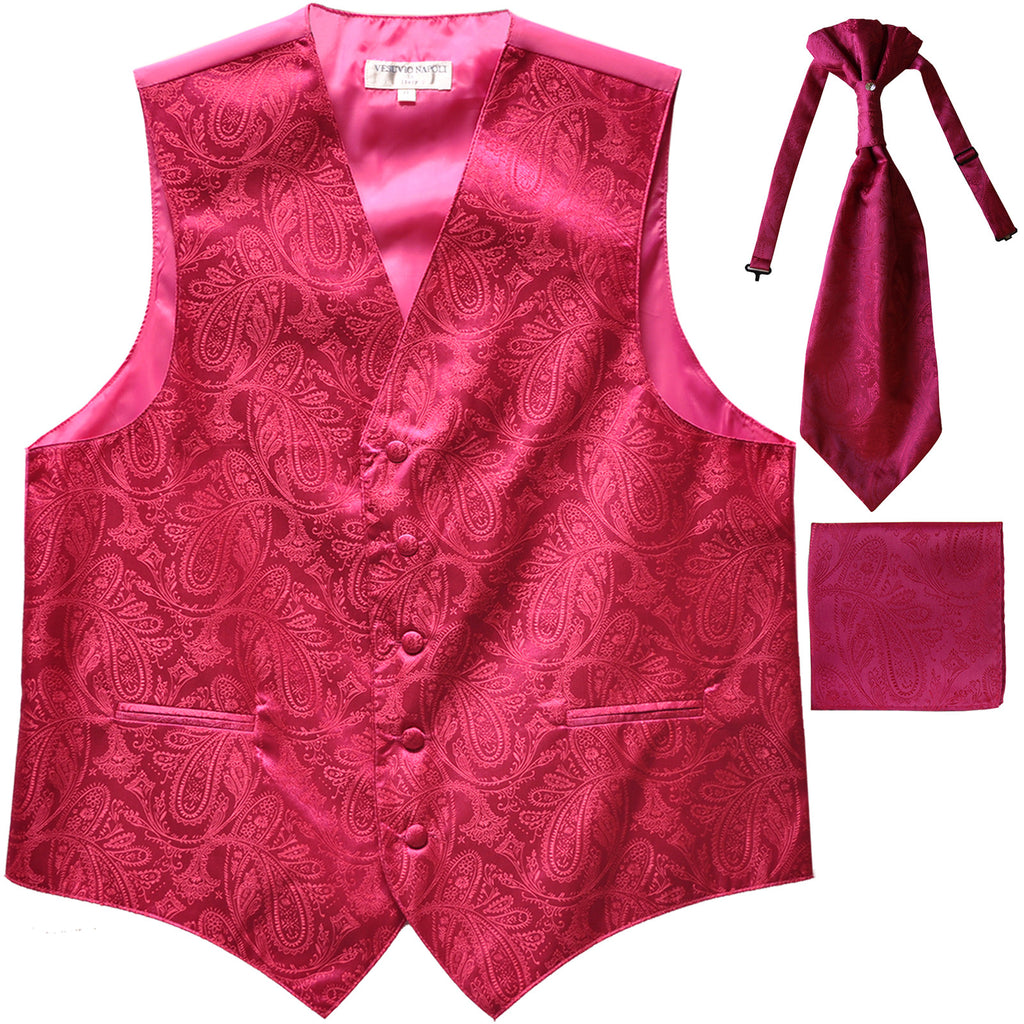 New Men's Paisley Tuxedo Vest Waistcoat & Ascot Cravat & Hankie hot pink