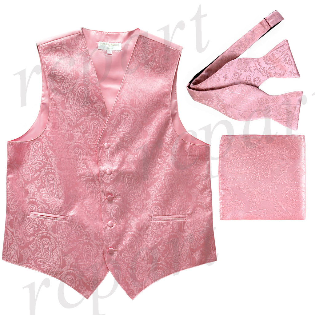 Men's paisley Tuxedo VEST Waistcoat_self tie bowtie & hankie set pink