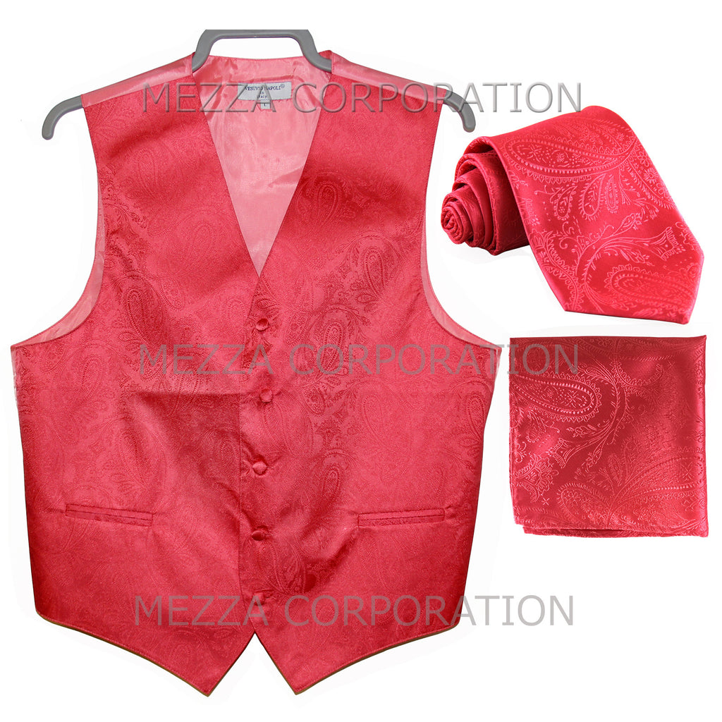 New Men's Formal Vest Tuxedo Waistcoat_necktie set paisley pattern prom coral