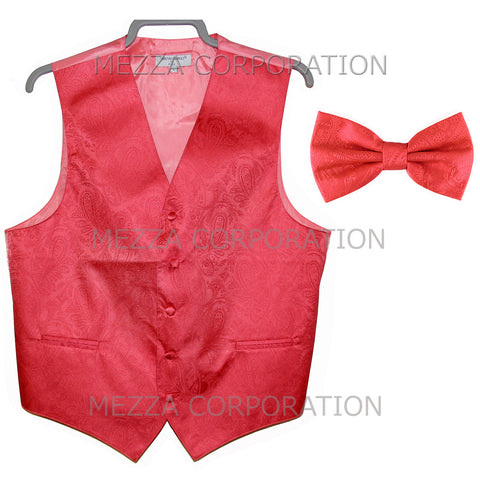 New Men's Formal Vest Tuxedo Waistcoat_bowtie paisley pattern wedding coral