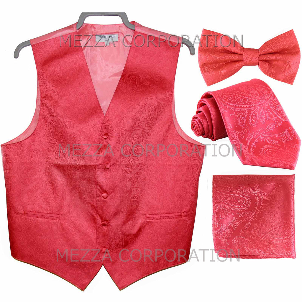 New Men's Paisley Tuxedo Vest Waistcoat & necktie & Bow tie & Hankie Coral