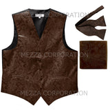 Men's paisley Tuxedo VEST Waistcoat_self tie bowtie & hankie set brown