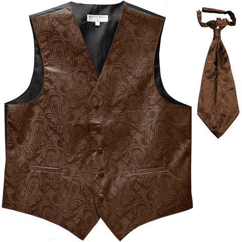 New Men's Formal Vest Tuxedo Waistcoat_ascot necktie paisley pattern prom brown