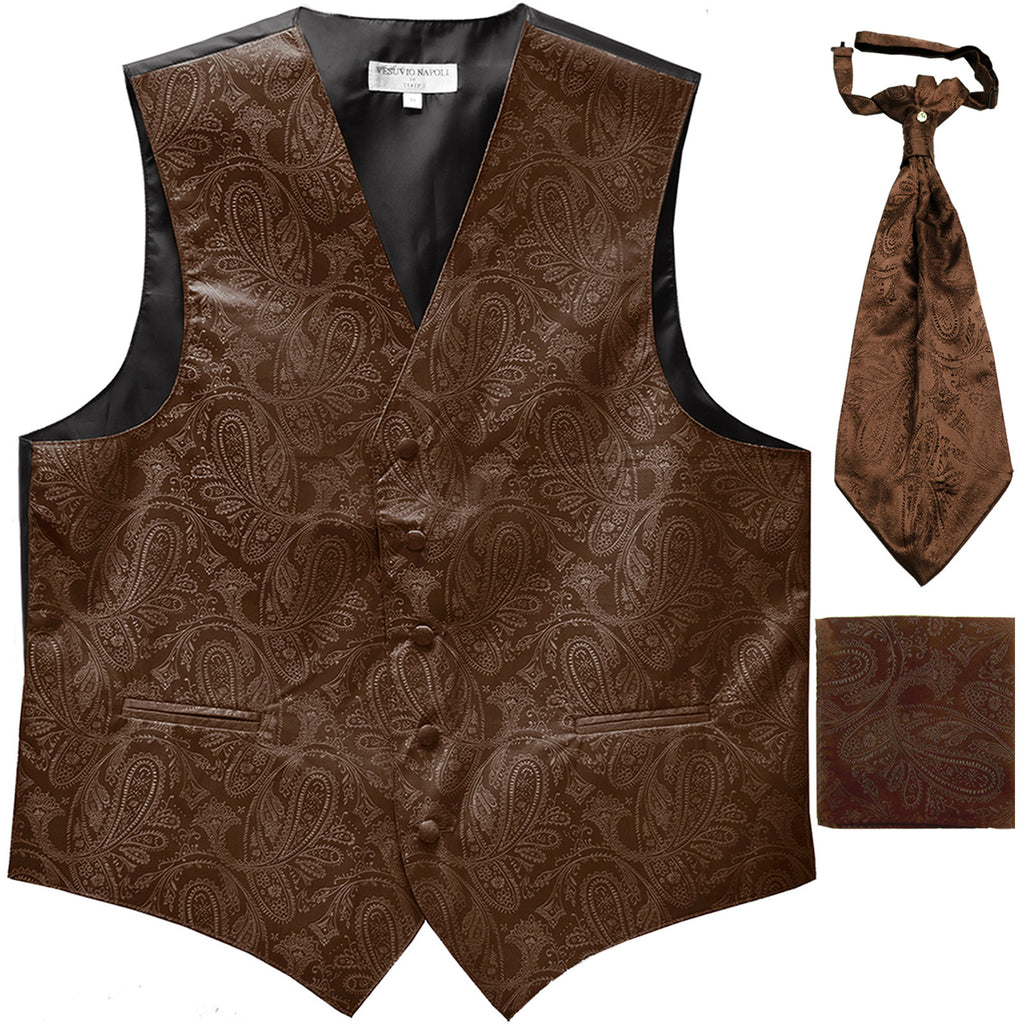 New Men's Paisley Tuxedo Vest Waistcoat & Ascot Cravat & Hankie brown