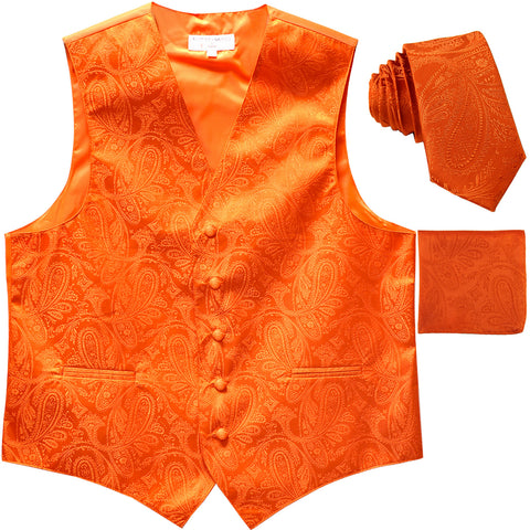 New Men's Formal Vest Tuxedo Waistcoat_necktie set paisley pattern prom orange