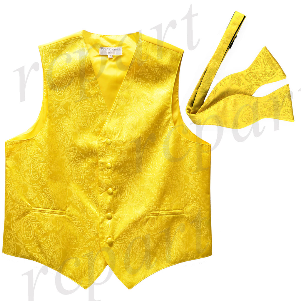 Men's paisley Tuxedo VEST Waistcoat_self tie bowtie yellow