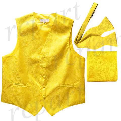 Men's paisley Tuxedo VEST Waistcoat_self tie bowtie & hankie set yellow