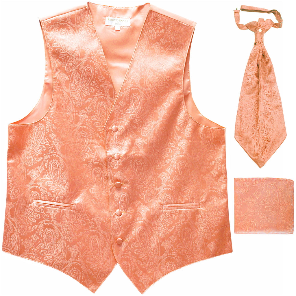 New Men's Paisley Tuxedo Vest Waistcoat & Ascot Cravat & Hankie peach