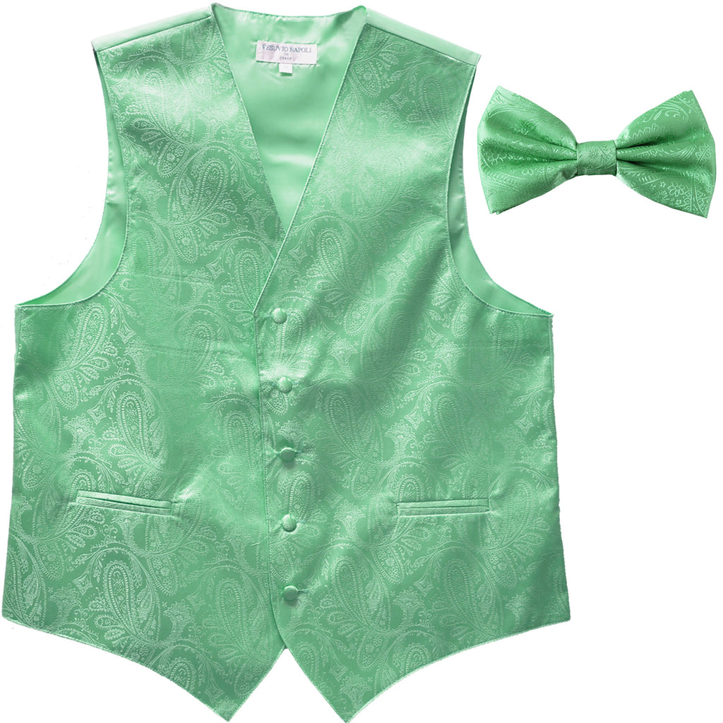 New Men's Formal Vest Tuxedo Waistcoat_bowtie paisley pattern wedding aqua green