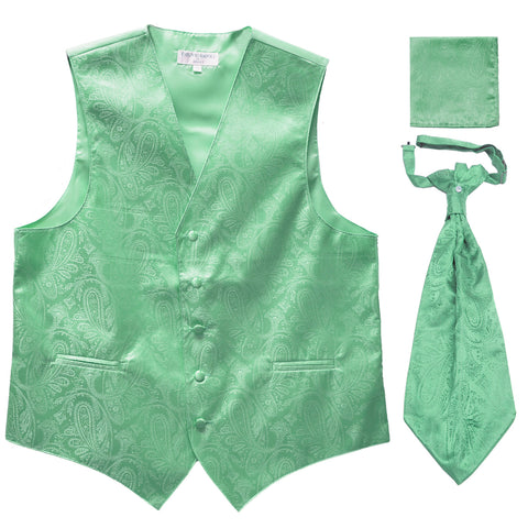 New Men's Paisley Tuxedo Vest Waistcoat & Ascot Cravat & Hankie aqua green