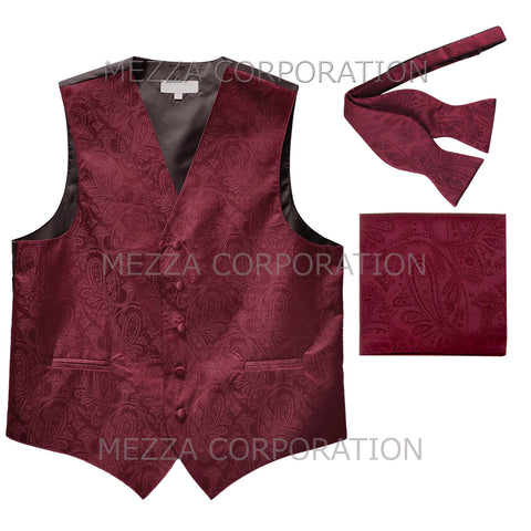 Men's paisley Tuxedo VEST Waistcoat_self tie bowtie & hankie set burgundy