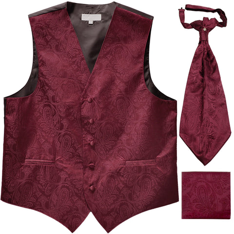 New Men's Paisley Tuxedo Vest Waistcoat & Ascot Cravat & Hankie burgundy
