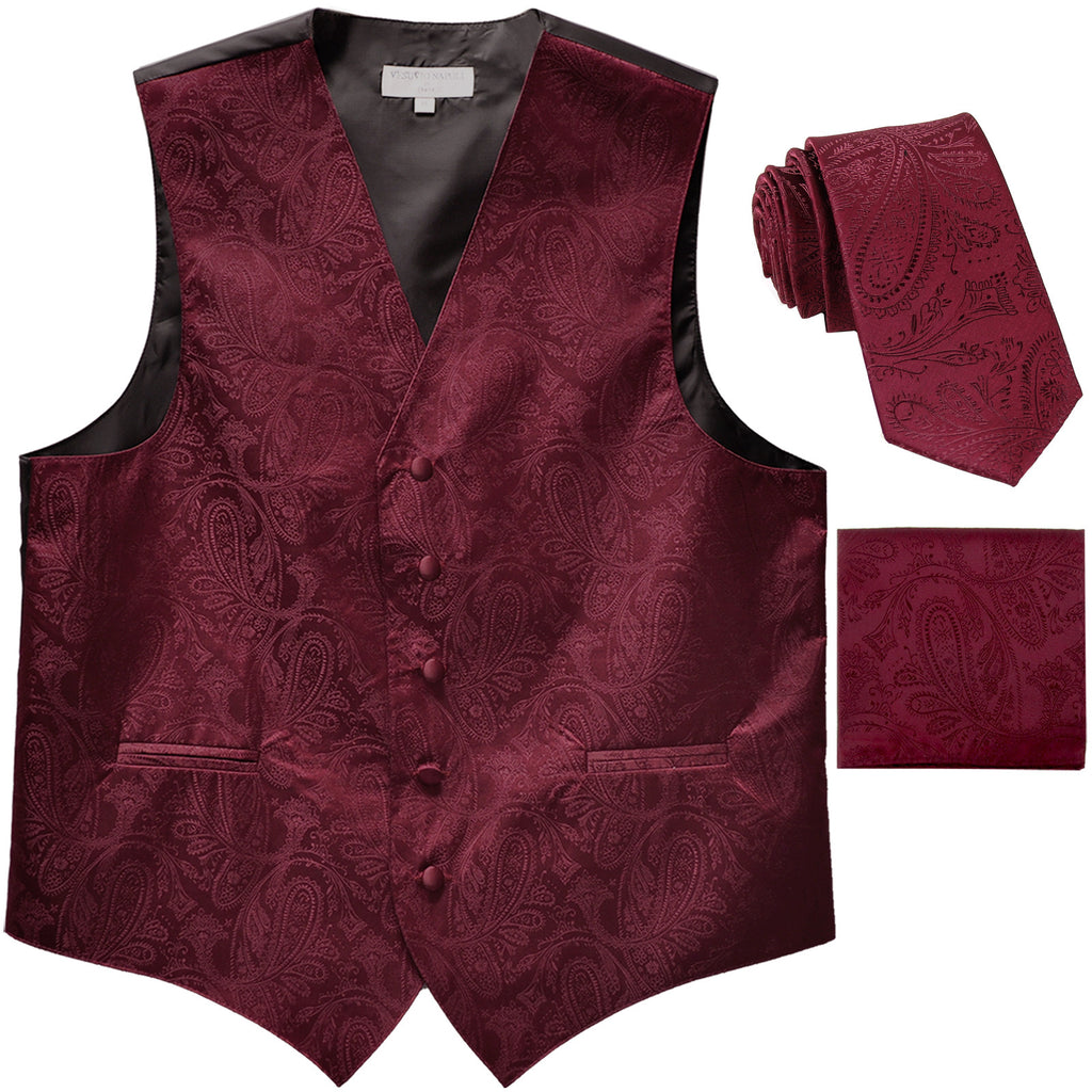 New Men's Formal Vest Tuxedo Waistcoat_2.5" necktie set paisley prom burgundy