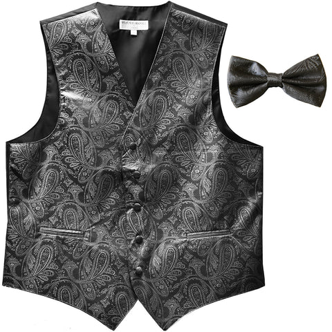 New Men's Formal Vest Tuxedo Waistcoat_bowtie paisley pattern wedding dark gray