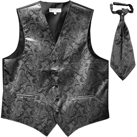 New Men's Formal Vest Tuxedo Waistcoat_ascot necktie paisley pattern prom dark gray
