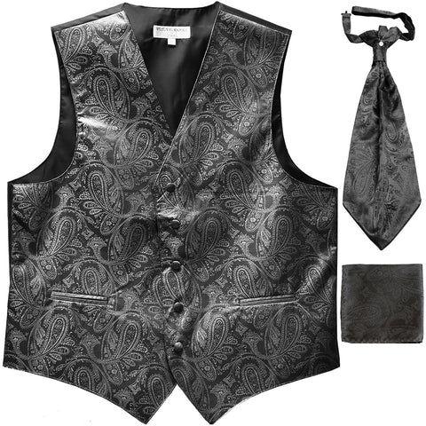 New Men's Paisley Tuxedo Vest Waistcoat & Ascot Cravat & Hankie dark gray