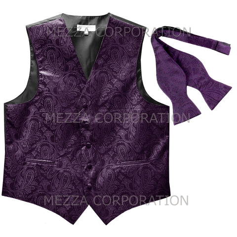 Men's paisley Tuxedo VEST Waistcoat_self tie bowtie dark purple