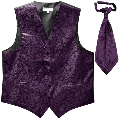 New Men's Formal Vest Tuxedo Waistcoat_ascot necktie paisley pattern prom dark purple