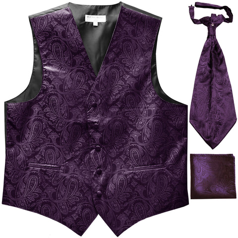 New Men's Paisley Tuxedo Vest Waistcoat & Ascot Cravat & Hankie dark purple