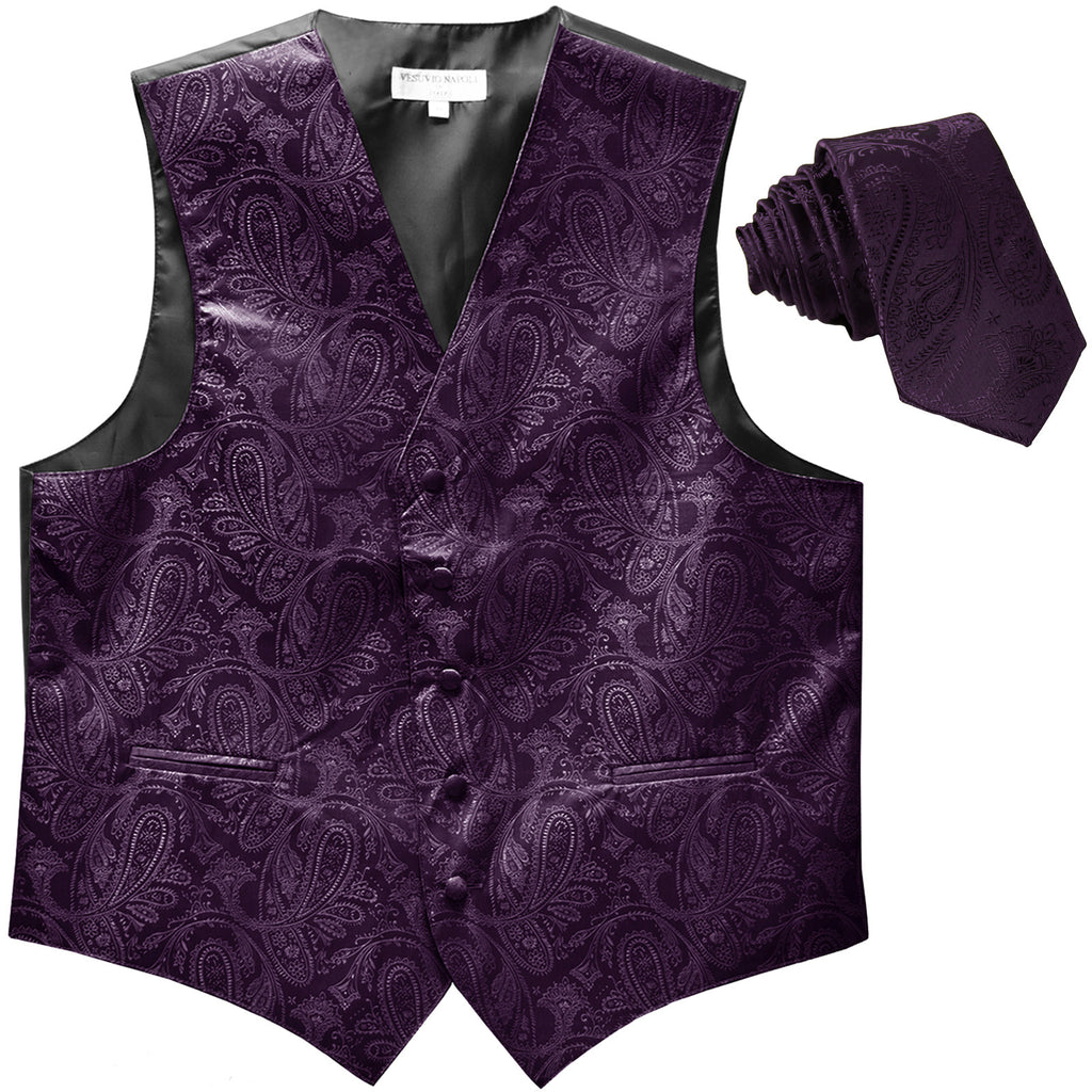 New Men's Formal Vest Tuxedo Waistcoat_2.5" skinny necktie paisley pattern dark purple