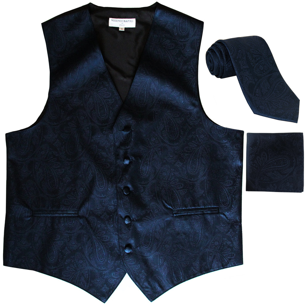 New Men's Formal Vest Tuxedo Waistcoat_necktie set paisley pattern prom navy