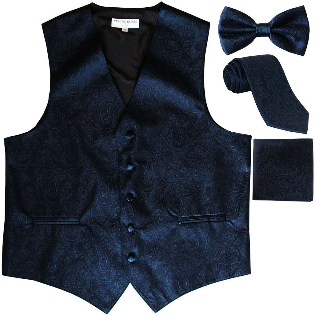 New Men's Paisley Tuxedo Vest Waistcoat & necktie & Bow tie & Hankie Navy