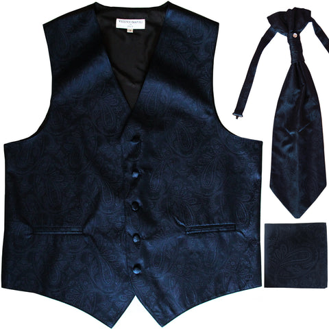 New Men's Paisley Tuxedo Vest Waistcoat & Ascot Cravat & Hankie navy