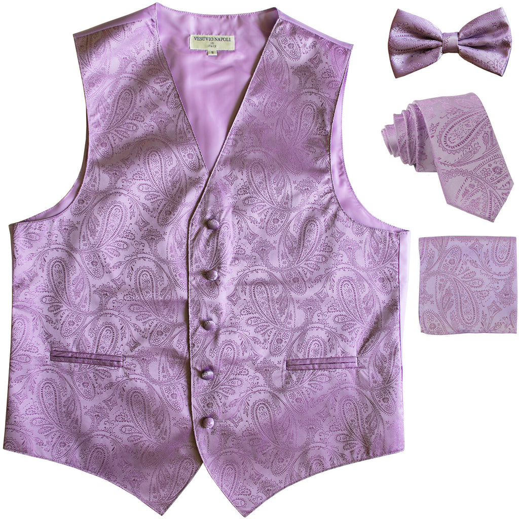 New Men's Paisley Tuxedo Vest Waistcoat & necktie & Bow tie & Hankie Lavender