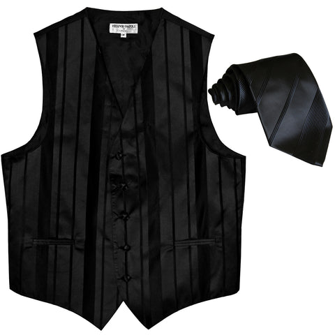 New formal men's tuxedo vest waistcoat & necktie vertical stripes wedding black