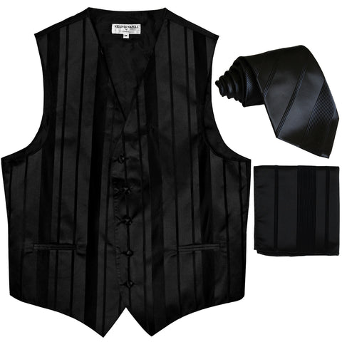 New Men's vertical stripes Tuxedo Vest Waistcoat_tie & hankie black