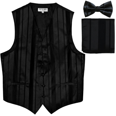 New Men's vertical stripes Tuxedo Vest Waistcoat_bowtie & hankie black
