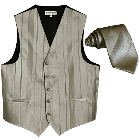 New formal men's tuxedo vest waistcoat & necktie vertical stripes wedding silver