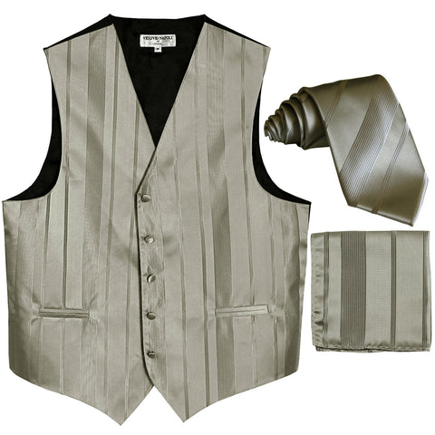New Men's vertical stripes Tuxedo Vest Waistcoat_tie & hankie silver