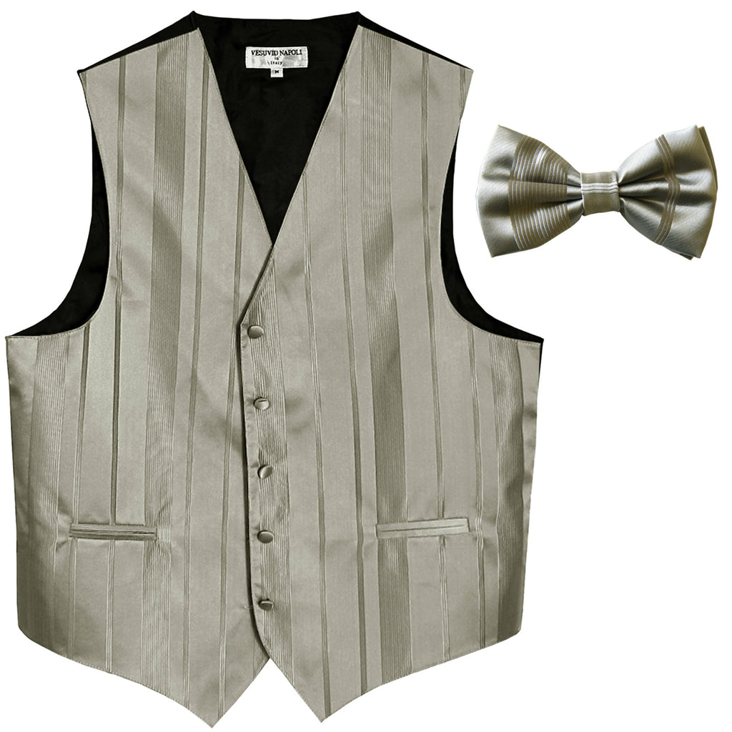 New formal men's tuxedo vest waistcoat & bowtie vertical stripes prom silver