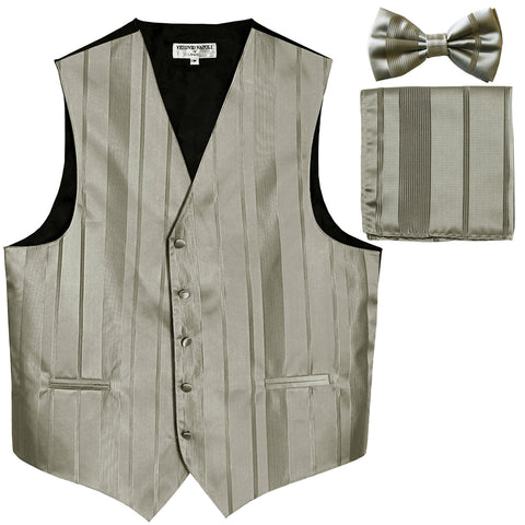New Men's vertical stripes Tuxedo Vest Waistcoat_bowtie & hankie silver