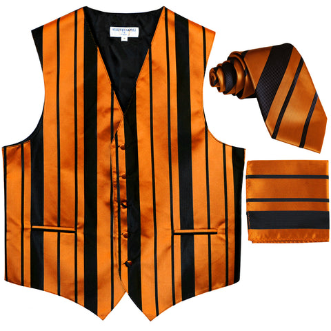 New Men's vertical stripes Tuxedo Vest Waistcoat_tie & hankie black gold
