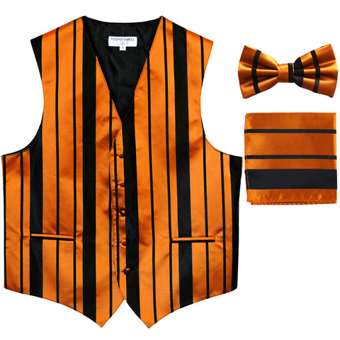 New Men's vertical stripes Tuxedo Vest Waistcoat_bowtie & hankie black gold