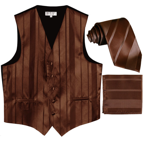 New Men's vertical stripes Tuxedo Vest Waistcoat_tie & hankie brown