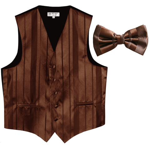 New formal men's tuxedo vest waistcoat & bowtie vertical stripes prom brown