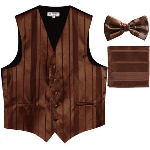 New Men's vertical stripes Tuxedo Vest Waistcoat_bowtie & hankie brown
