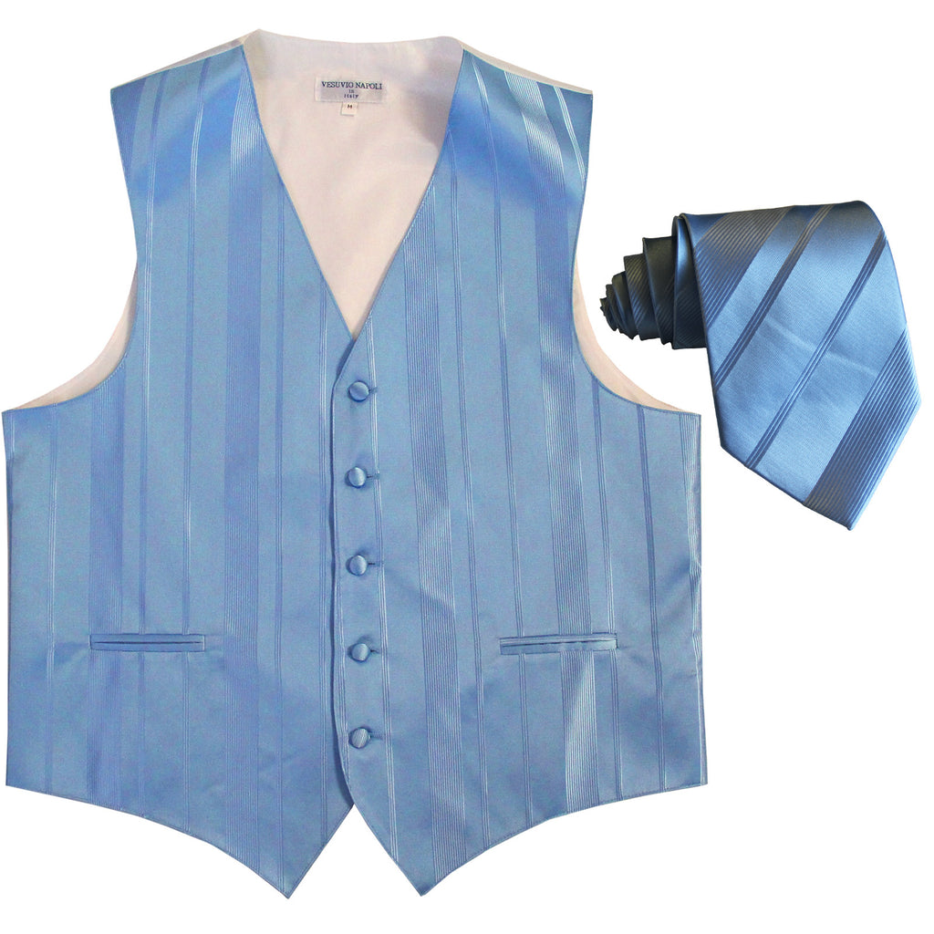 New formal men's tuxedo vest waistcoat & necktie vertical stripes wedding light blue