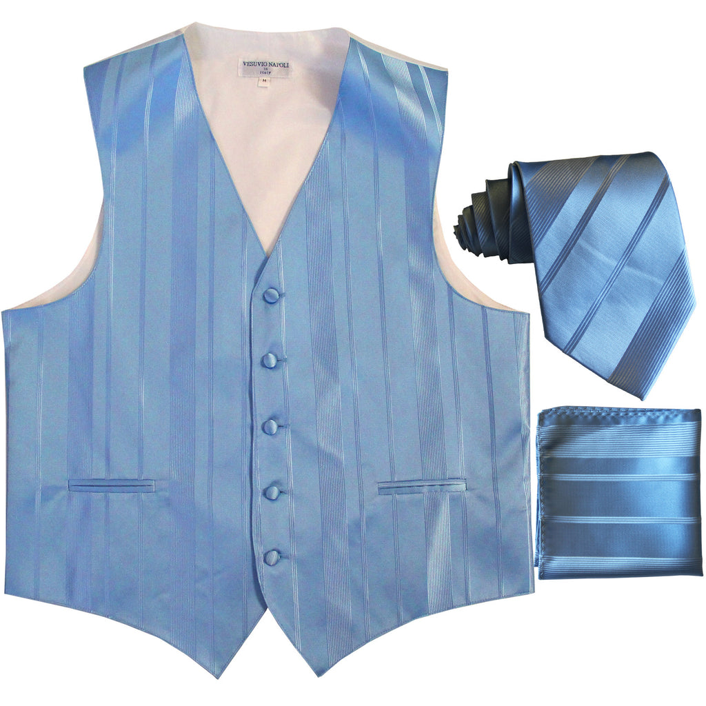 New Men's vertical stripes Tuxedo Vest Waistcoat_tie & hankie light blue