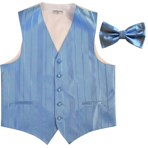 New formal men's tuxedo vest waistcoat & bowtie vertical stripes prom light blue