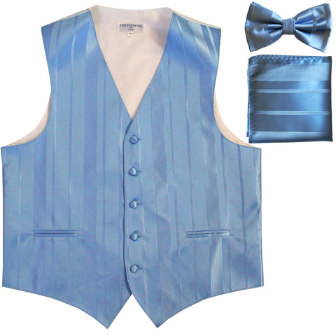 New Men's vertical stripes Tuxedo Vest Waistcoat_bowtie & hankie light blue