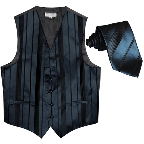 New formal men's tuxedo vest waistcoat & necktie vertical stripes wedding navy blue