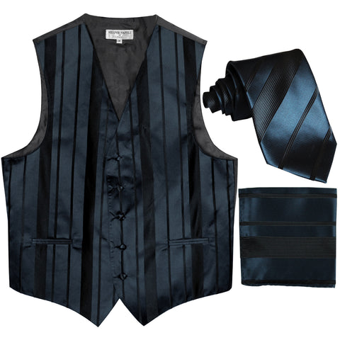 New Men's vertical stripes Tuxedo Vest Waistcoat_tie & hankie navy blue